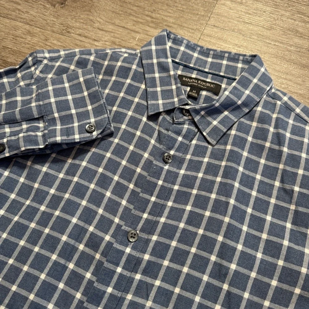 Banana Republic Shirt Mens Medium Blue Windowpane Button Up Slim Fit 100% Cotton